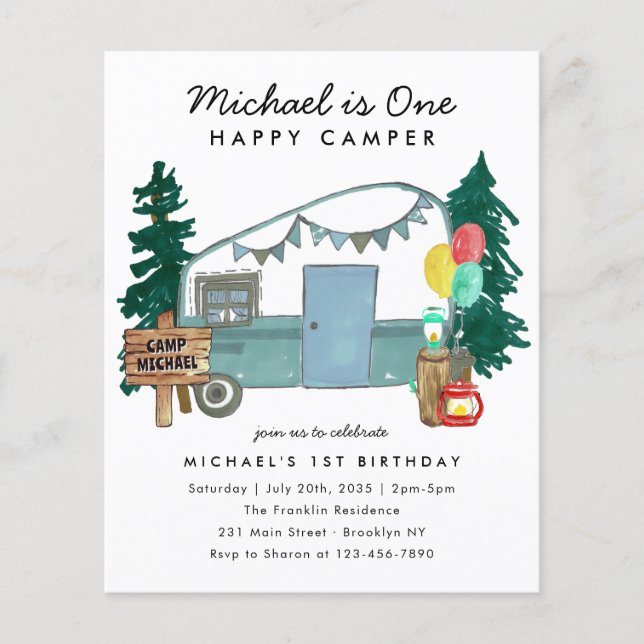 Günstige 1 Happy Camper Woods Camping 1. Geburtsta Flyer (Vorne)