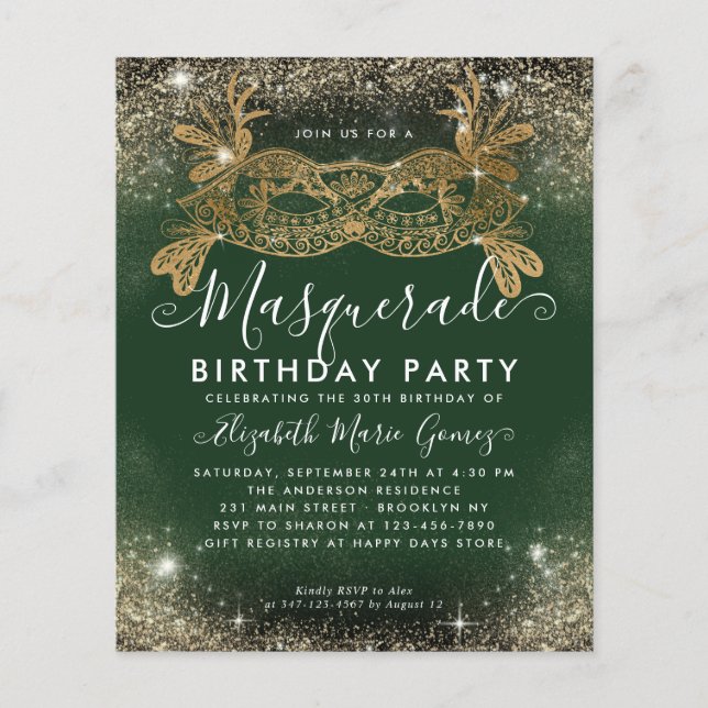 Günstige Masquerade Green Gold Glam Glitzer Geburt Flyer (Vorne)
