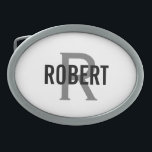 Gürtelschnalle mit weißer, grauer Monogramm-Bezeic<br><div class="desc">Moderne weiße Gürtelschnalle für ihn mit einem grauen Monogramm und einem schwarzen Typografie-Namen. Personalisieren Sie Ihre Namen und Initialen.</div>