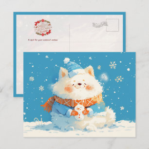 Guscheliger Samojede-Hund mit Mini-Schneemann Postkarte