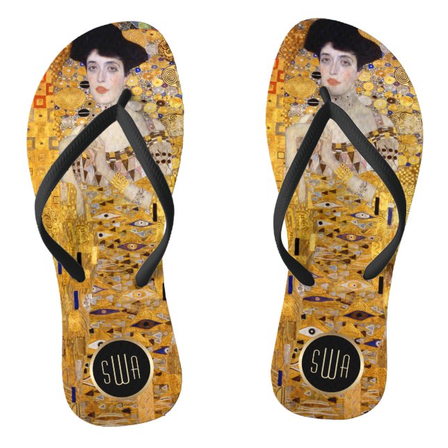 Gustav Klimt Adele-Porträt in Gold mit Monogramm Flip Flops (Fußbett)