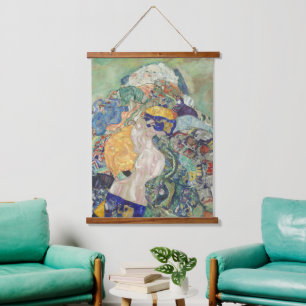 Gustav Klimt Baby in der Wiege Farbige Kunst Wandteppich Mit Holzrahmen