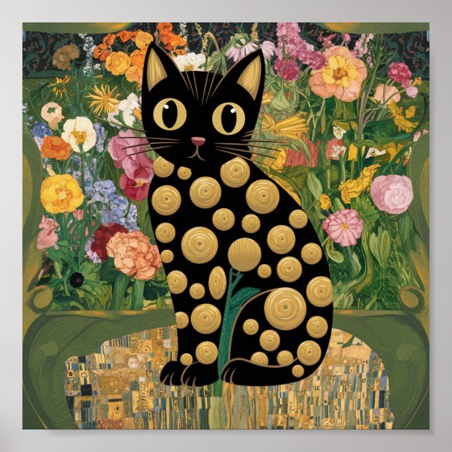 Gustav Klimt Floral Black Cat Moderne Kunst, Dicht Poster (Vorne)