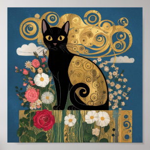 Gustav Klimt Florale Schwarze Katze, Moderne Eklek Poster