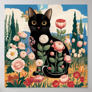 Gustav Klimt Florale Schwarze Katze Moderne Eklekt Poster