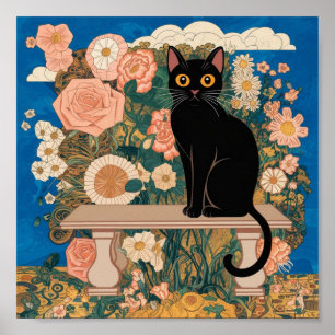 Gustav Klimt Florale Schwarze Katze Veränderte Vin Poster