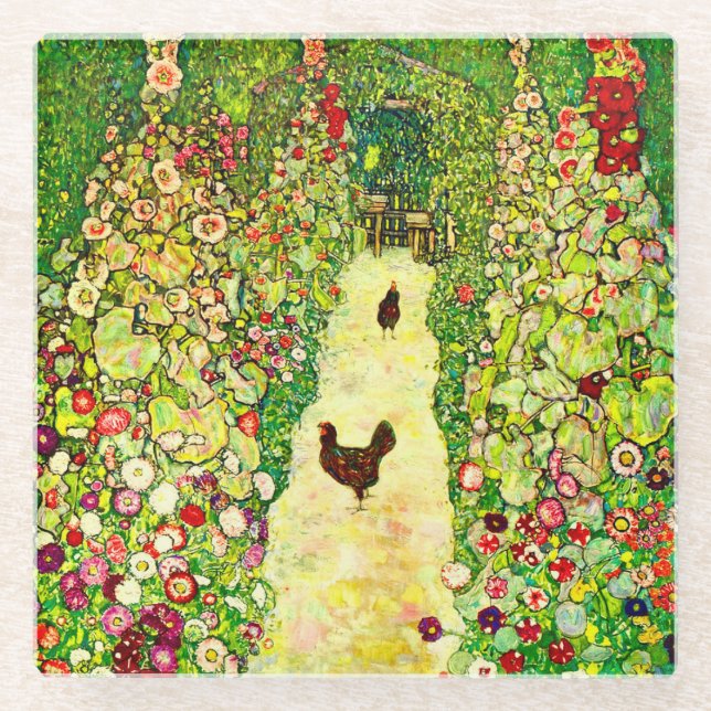 Gustav Klimt Garten mit Hühnern Glasuntersetzer (Vorderseite)