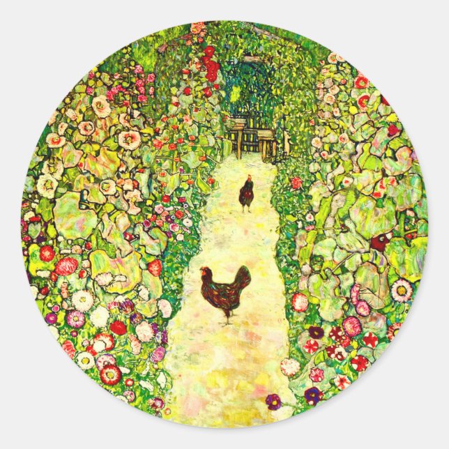 Gustav Klimt Garten mit Hühnern Runder Aufkleber (Vorderseite)