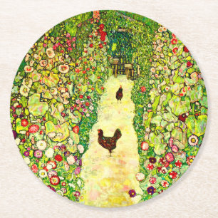Gustav Klimt Garten mit Hühnern Runder Pappuntersetzer