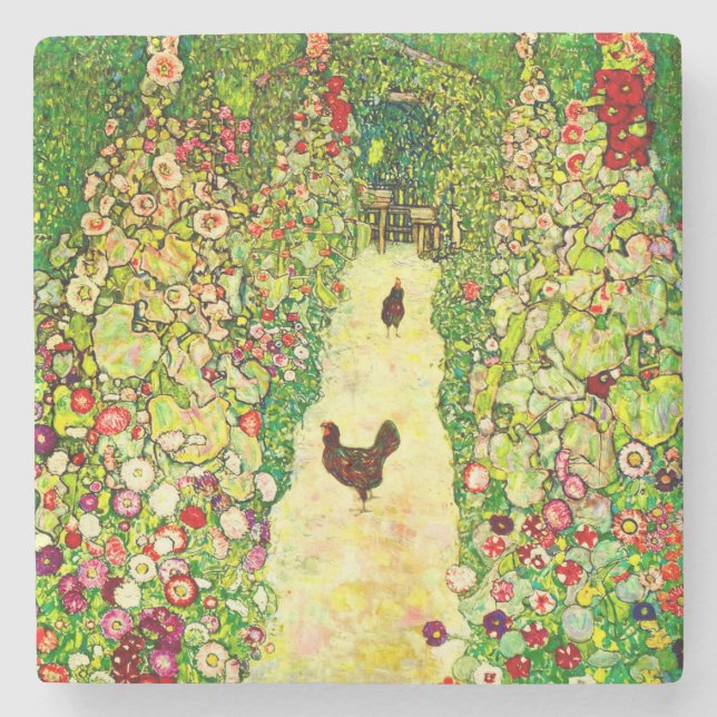 Gustav Klimt Garten mit Hühnern Steinuntersetzer (Vorderseite)