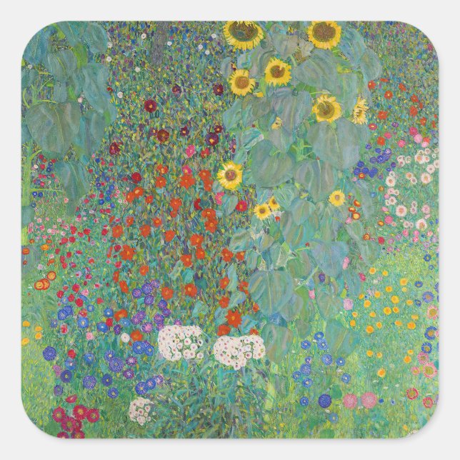 Gustav Klimt - Garten mit Sonnenblumen Quadratischer Aufkleber (Vorderseite)