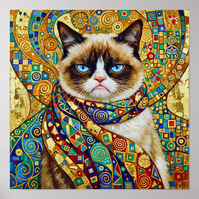 Gustav Klimt Grumpy Cat with Blue Eyes Poster (Vorne)