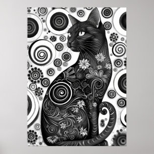 Gustav Klimt Inspiriert Schwarz-Weiß-Katzenposter Poster