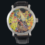 Gustav Klimt Lady mit Fan Armbanduhr<br><div class="desc">Schauen Sie Gustav Klimts Ölgemälde Lady mit Fan (1918). Eine Frau,  die einen blauen Kimono trägt,  hält einen roten Fan vor einem bunten,  gelben Hintergrund von Blume und Pfauen. Ein großartiges Geschenk für die Fans von Japonisme und europäischer Kunst.</div>