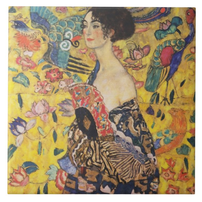Gustav Klimt Lady mit Fan Art Nouveau Malerei Fliese (Vorderseite)