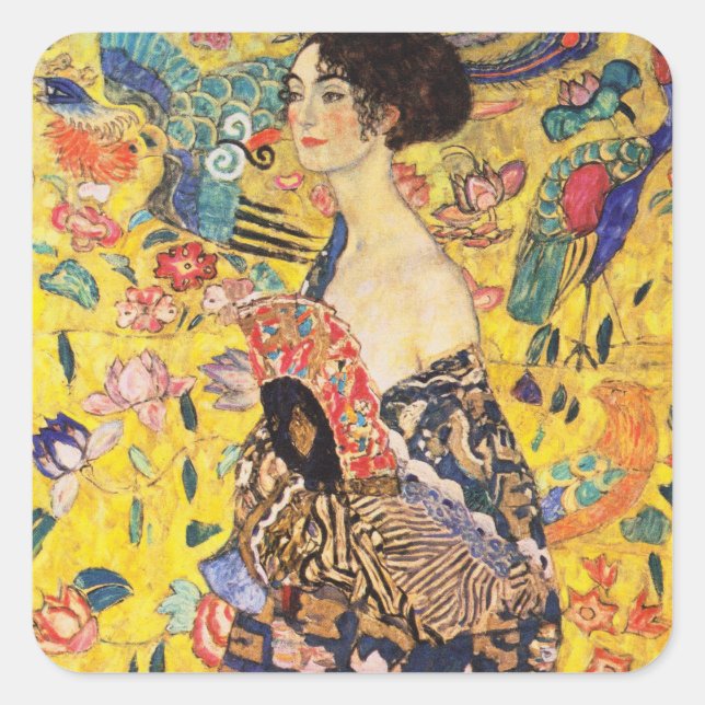 Gustav Klimt Lady mit Fan Quadratischer Aufkleber (Vorderseite)