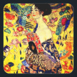 Gustav Klimt Lady mit Fan Quadratischer Aufkleber<br><div class="desc">Stickers mit Gustav Klimts Ölgemälde Lady mit Fan (1918). Eine Frau,  die einen blauen Kimono trägt,  hält einen roten Fan vor einem bunten,  gelben Hintergrund von Blume und Pfauen. Ein großartiges Geschenk für die Fans von Japonisme und europäischer Kunst.</div>