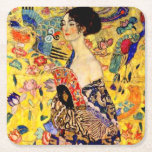 Gustav Klimt Lady mit Fan Rechteckiger Pappuntersetzer<br><div class="desc">Untersetzer mit Gustav Klimts Ölgemälde Lady mit Fan (1918). Eine Frau, die einen blauen Kimono trägt, hält einen roten Fan vor einem bunten, gelben Hintergrund von Blume und Pfauen. Ein großartiges Geschenk für die Fans von Japonisme und europäischer Kunst.</div>