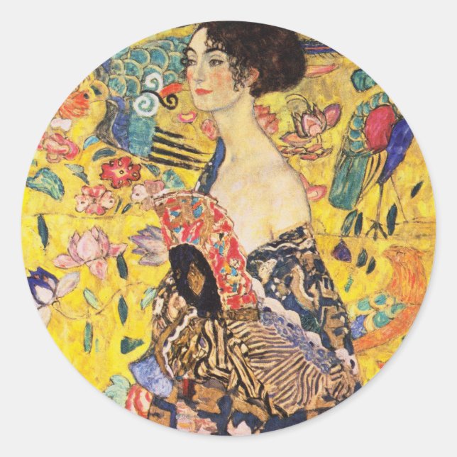 Gustav Klimt Lady mit Fan Runder Aufkleber (Vorderseite)