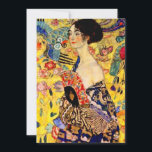 Gustav Klimt Lady mit Fan Save The Date<br><div class="desc">Karte mit Gustav Klimts Ölgemälde Lady mit Fan (1918). Eine Frau,  die einen blauen Kimono trägt,  hält einen roten Fan vor einem bunten,  gelben Hintergrund von Blume und Pfauen. Ein großartiges Geschenk für die Fans von Japonisme und europäischer Kunst.</div>