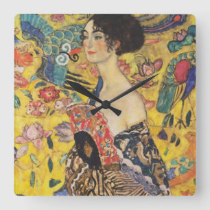 Gustav Klimt Lady With Fan Art Nouveau Painting Quadratische Wanduhr