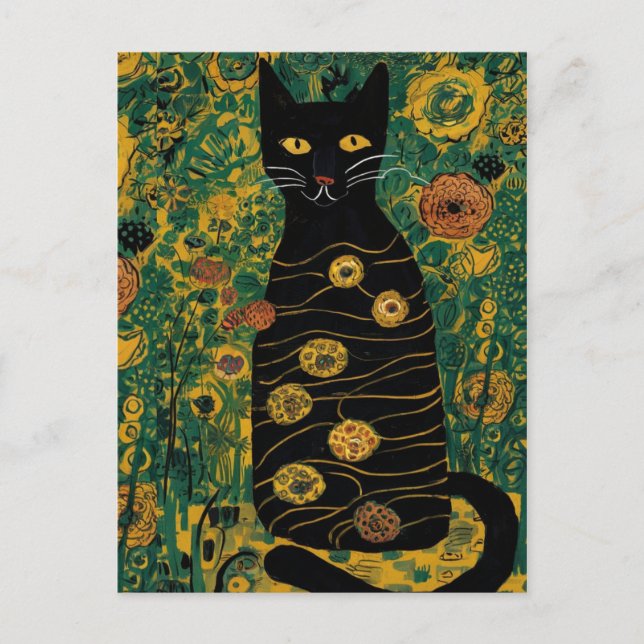 Gustav Klimt Niedliche Schwarze Katze im Blumengar Postkarte (Vorderseite)