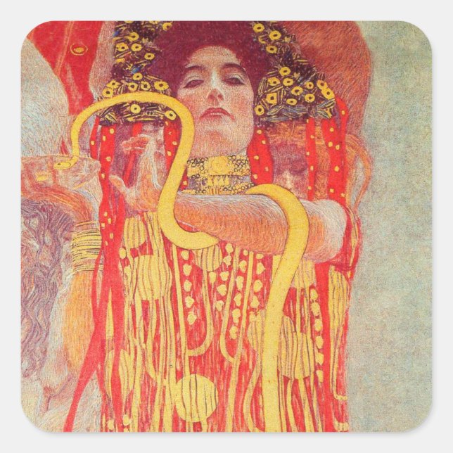 Gustav Klimt Red Woman Gold Schlangen Malerei Quadratischer Aufkleber (Vorderseite)