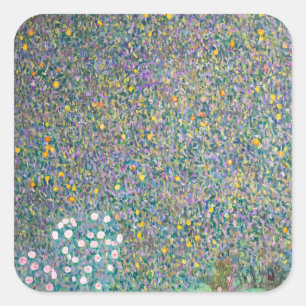 Gustav Klimt - Rosen unter Bäumen Quadratischer Aufkleber