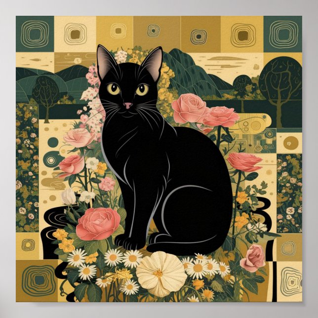 Gustav Klimt Schwarze Katze Im Blumengarten, Katze Poster (Vorne)