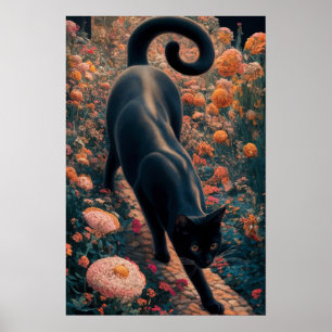 Gustav Klimt Schwarze Katze in einem Blumengarten, Poster
