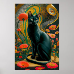 Gustav Klimt Schwarze Katze in einem Blumengarten, Poster