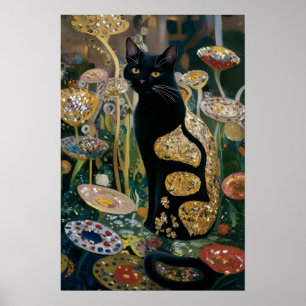 Gustav Klimt Schwarze Katze in einem Blumengarten, Poster