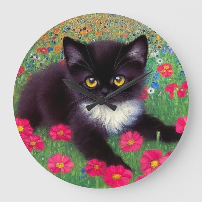 Gustav Klimt Tuxedo Cat Große Wanduhr (Vorderseite)