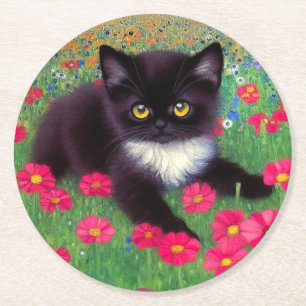 Gustav Klimt Tuxedo Cat Runder Pappuntersetzer