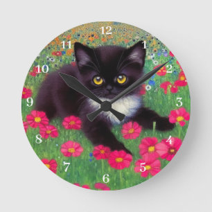 Gustav Klimt Tuxedo Katze mit weißen Uhrennummern Runde Wanduhr