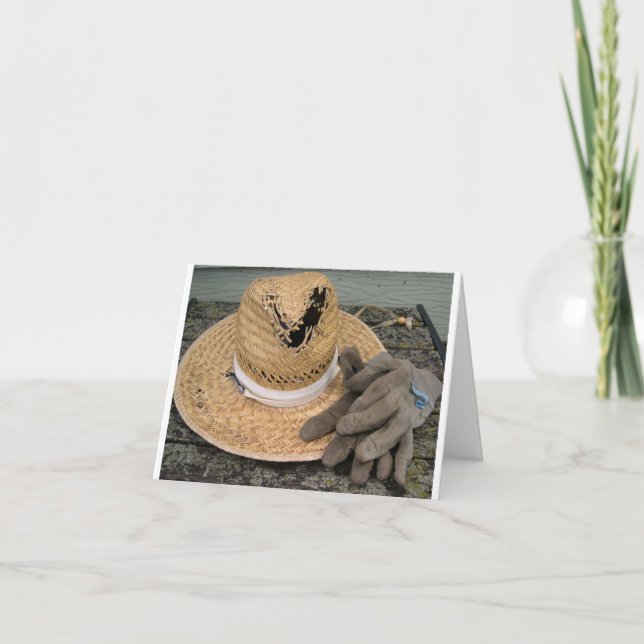 Gut gebrauchte Gartenhut und Handschuhe Karte (Vorderseite)