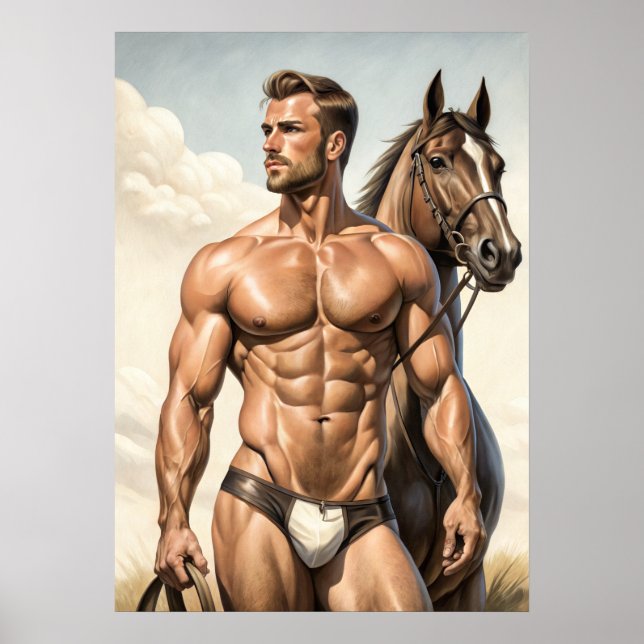 Gutaussehender muskulöser Mann mit einem Pferd Poster (Vorne)