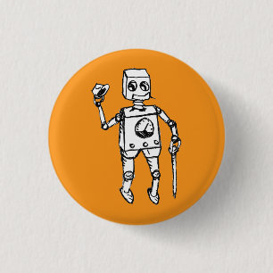 Gutaussehender Roboter auf einem orangen Feld Button