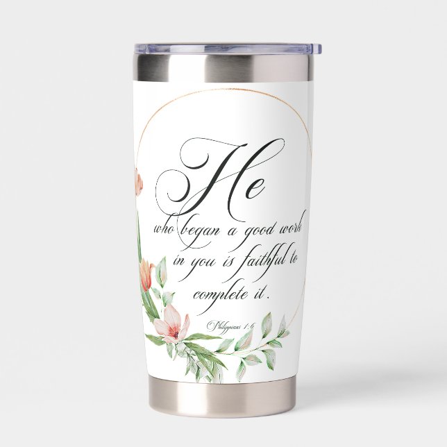 Gute Arbeit, rosa Tulpen Thermobecher (Links)