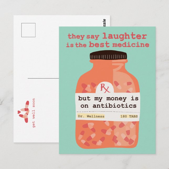 Gute Besserung bald Lachen vs Antibiotika INDIVIDU Postkarte (Vorne/Hinten)