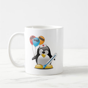 Gute Besserung. Pinguin-Krankenschwester. Kaffeetasse