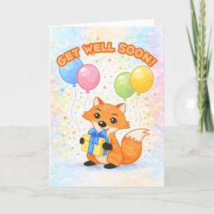 Gute Besserung! Süßer Fuchs mit Ballons und einem Karte