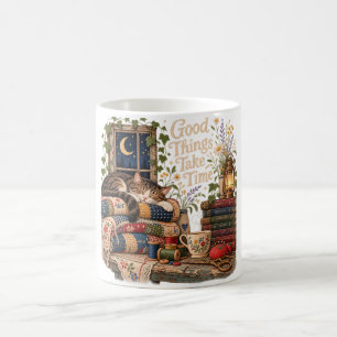 Gute Dinge Brauchen Zeit – Gemütliche Quilt-Katze Kaffeetasse