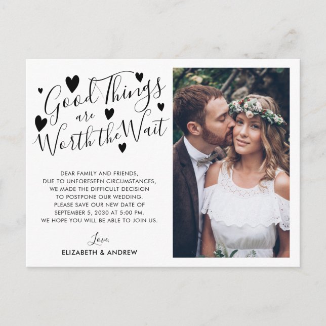 Gute Dinge, die warten das Foto Datum ändern Ankündigungspostkarte (Vorderseite)