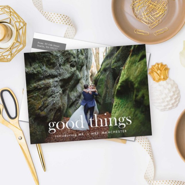 Gute Dinge, um Hochzeitsankündigung zu feiern Ankündigungspostkarte (Von Creator hochgeladen)