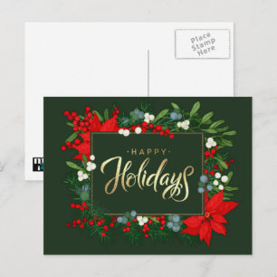 Gute Ferien. Holly, Mistletoe und Poinsettia Feiertagspostkarte