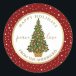 Gute Ferien. Weihnachtsbaum Custom Runder Aufkleber<br><div class="desc">Frohe Weihnachten. Elegantes Weihnachtsbaum-Design mit goldenen Rahmen und Muster personalisierte Weihnachtsaufkleber mit personalisierten Namen und Text. Matchkarten und Geschenke für Weihnachten | Neujahr Kategorie unseres Lagers</div>
