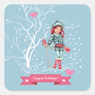 Gute Ferien. Young Girl Skier Christmas Quadratischer Aufkleber