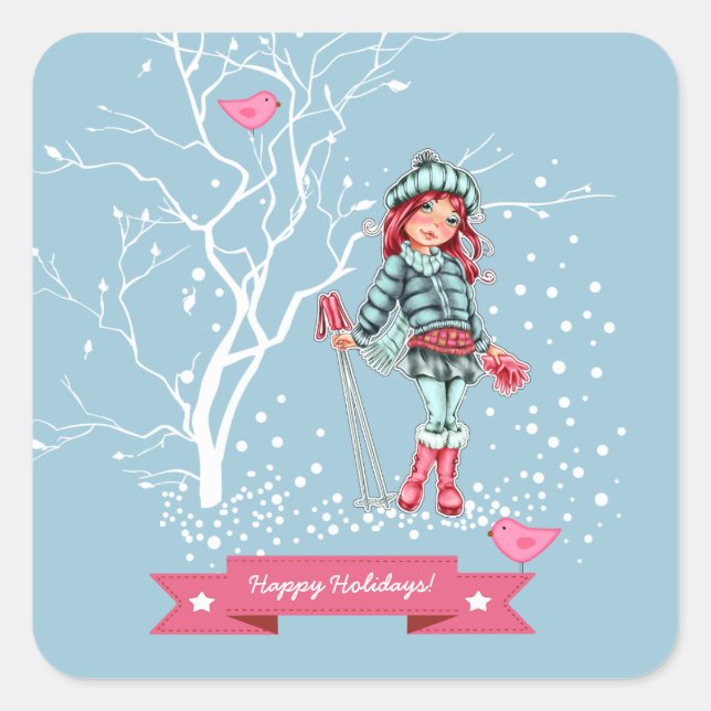 Gute Ferien. Young Girl Skier Christmas Quadratischer Aufkleber (Vorderseite)