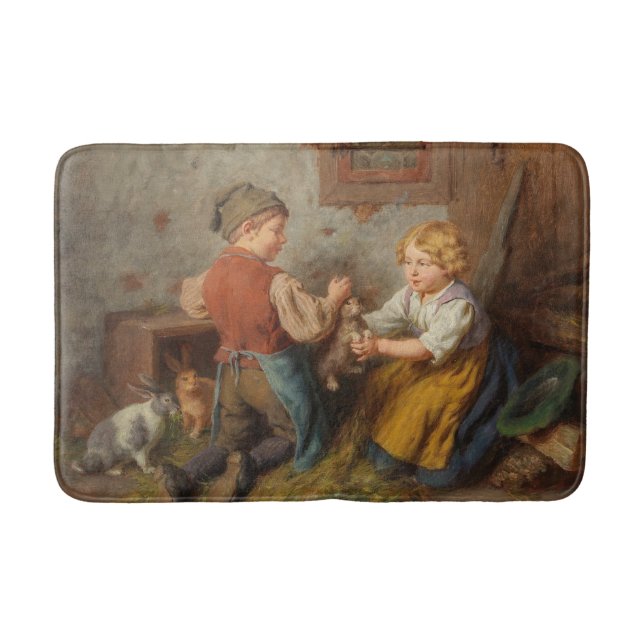 Gute Freunde (junge Jungen, die mit Hasen spielen Badematte (Vorderseite)